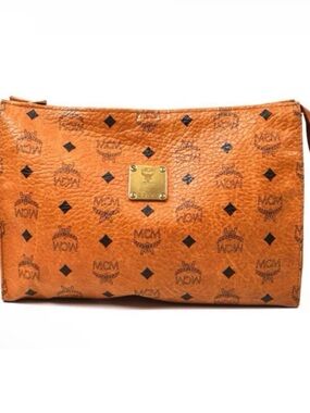 MCM Cognac Visetos Logo Zip Pouch Clutch Large